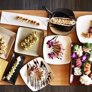 a variety of sushi dishes