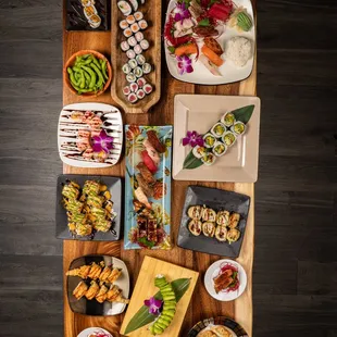 a variety of sushi dishes