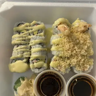 Olympic roll (left) and avocado tempura roll (right)