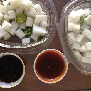 Daikon pickles, sauces.