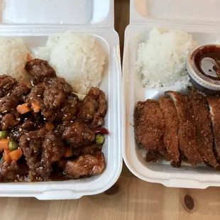 Left: &quot;4 Star&quot; General Tso&apos;s Chicken. Right: Chicken Katsu.