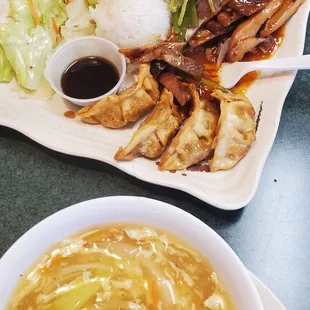 Chicken and gyoza teriyaki and hot and sour soup