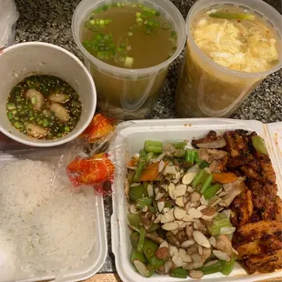 Butter garlic shrimp (top left), almond chicken and spicy chicken teriyaki combo, Miso Soup (top middle) and hot and sour soup (top right).