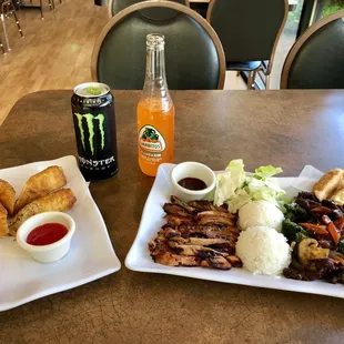 Egg rolls sweet sauce Chicken Bento Box with Broccoli Beef and side salad with dressing Chicken and Gyoza Combo