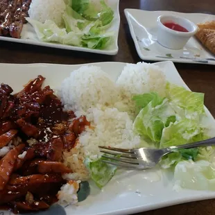 Spicy teriyaki and egg rolls