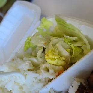 a plastic container with rice, lettuce, and mushrooms