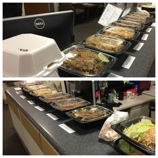 Delivered to the office! crab rangoon, papaya salad, basil fried rice, thai fried rice, pad see ew, pad thai, spicy crazy noodle