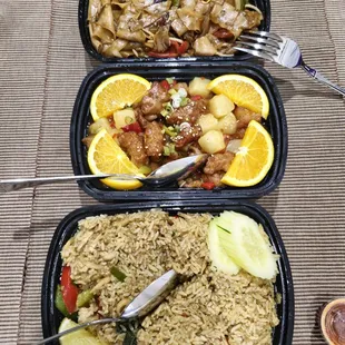 Drunken Noodles w. Beef, Orange Chicken, and Green Curry Fried Rice w. Chicken