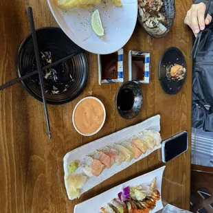 Calamari-tempura, Tangy Rolls, and Dragon rolls.