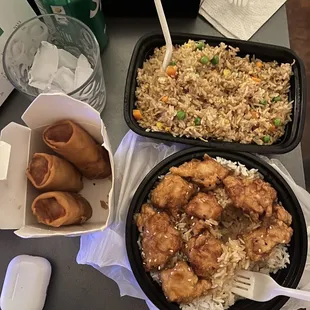Spring rolls  Egg fried rice  Orange chicken bowl