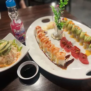 Snow crab salad, Summer roll, Valero roll, Ramune.