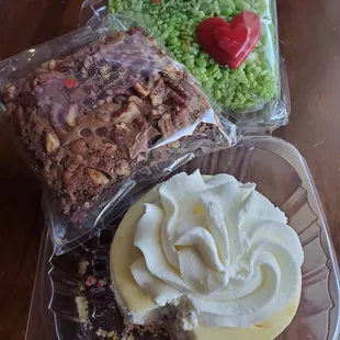 Birthday  cheesecake, chocolate chip pecan brownie, and a grinch crispy treat