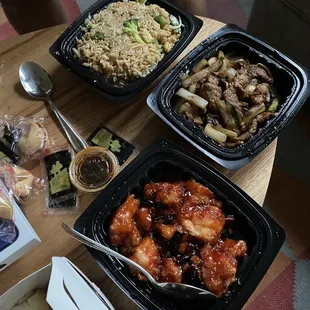 153. Orange Chicken, 192. Mongolian Beef, Egg Fried Rice, 102. Steamed Chicken Pot Sticker