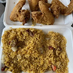 chicken and rice in a styrofoam container