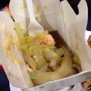 The &quot;shrimp chow mein&quot;.  No noodles included.