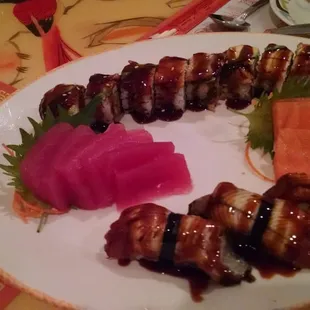 Magura, smoked salmon sushi, eel sashami. Eel roll