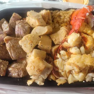 Chicken steak lunch with added $20 lobster tail.
