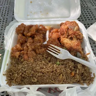 3 Item plates, orange chicken, rice, fried chicken(there were two pieces of fried chicken, but I ate one)