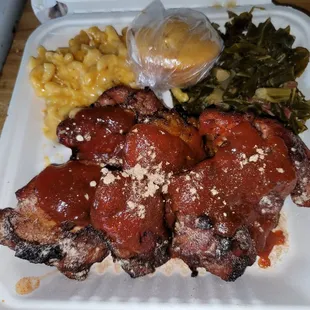 2 way BBQ chicken with greens and mac n cheese
