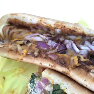 Chilli cheese dog w/ red onions