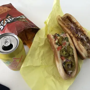 Hot link + Chilli cheese dog + squirt + chips