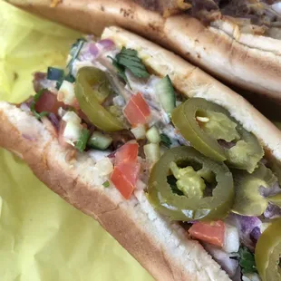Hot link w/ jalapeños, salsa, mayo. SO good!