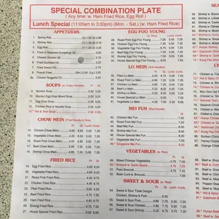 a menu for a special combination plate