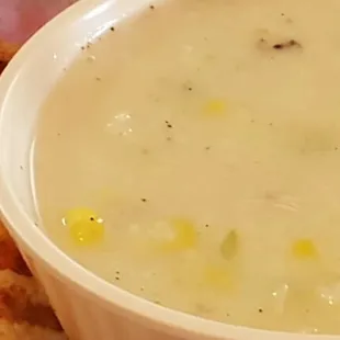 Crab bisque, corn chowder soup... you can see the corn!