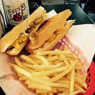 1/2 shrimp 1/2 oyster poboy with fries.