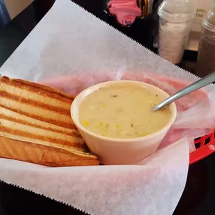 Crab bisque, corn chowder with grilled toast strips. Awesome!