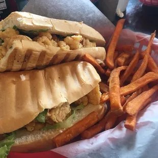 Shrimp po boy and sweet potato fries.
