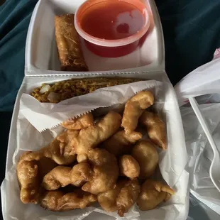 Sweet and sour chicken, they have the best General Tso Chicken.