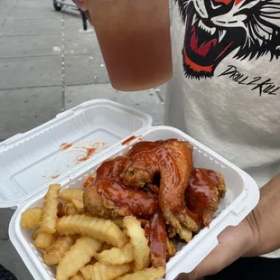 The infamous mumbo chicken + 'the mix' drink (a local recommended it to us it's a mix of iced tea and lemonade served in a soup container)