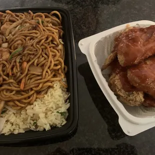 noodles and fried chicken