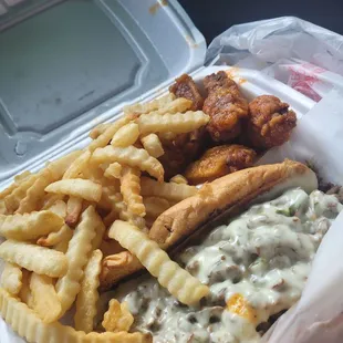 Philly cheesesteak, honey hot wings, and fries