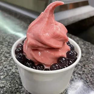 Watermelon sorbet with blueberry popping boba