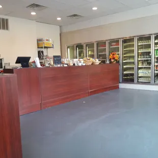 a view of a restaurant counter