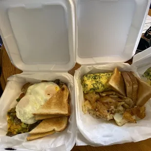 Ribeye steak omelet with american fries&amp; spinach and feta omelet!