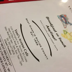 Menu cover with contact info &amp; hours