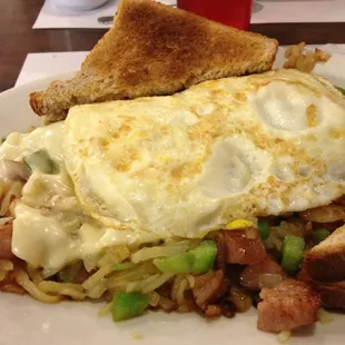 Kielbasa Skillet with Swiss Cheese, Eggs over hard &amp; Wheat Toast. Next time order Italian toast!