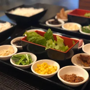 The dishes of ingredients for your noodle soup