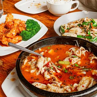 Sweet and Sour Pork, Stir Fried Rice Cakes, Boiled Pork in Chili Oil