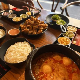 Crispy chicken and curry coconut noodle soup.