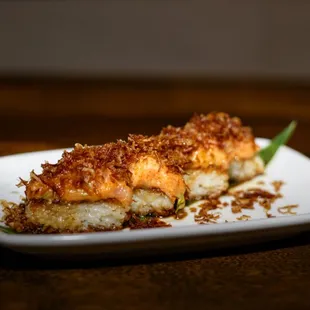 Spicy Albacore on Crispy Rice with Crunchy Onions and Truffle Soy Sauce