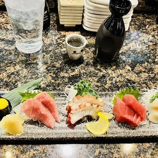 Large hot sake and fresh sashimi