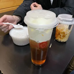 D9. Taro Sago with Coconut Milk, Sea Salt Creama Oolong Tea, and Black sugar Boba Milk Tea