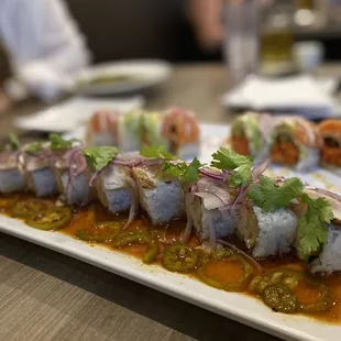 a plate of sushi rolls