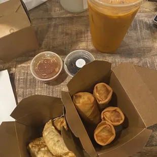 Thai iced tea and yummy side dishes (gyoza and egg rolls)!