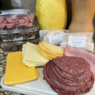Various meats and cheeses, pretzels, squash &amp; fry pies.