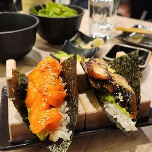 Hand rolls - salmon (left) and unagi (right)